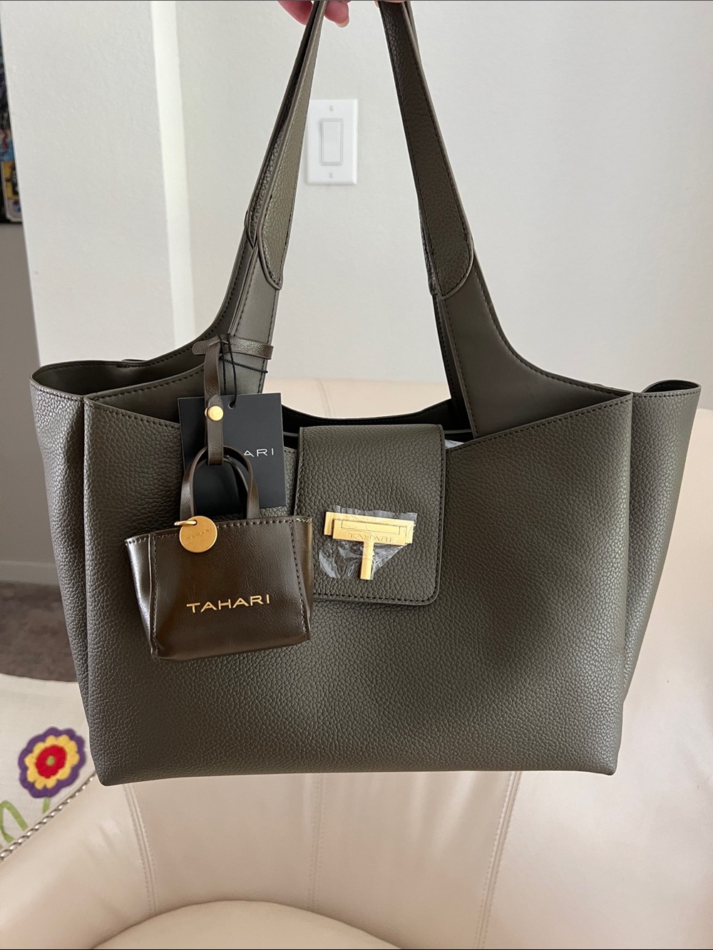 New Tahari Olive Leather Tote with Gold Accent